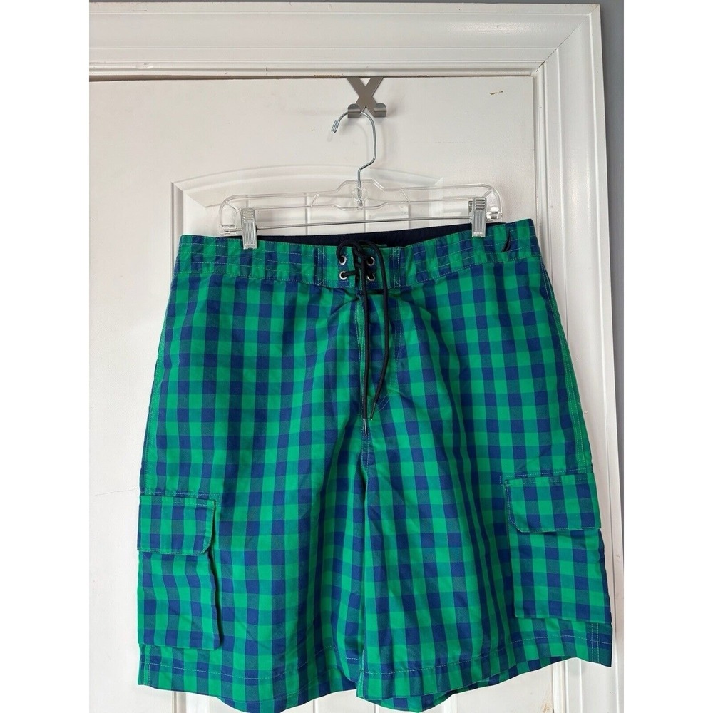 Nautica Swim Trunks Men's‎ 36 Green Plaid Swimwear Cargo Drawstring Board Shorts